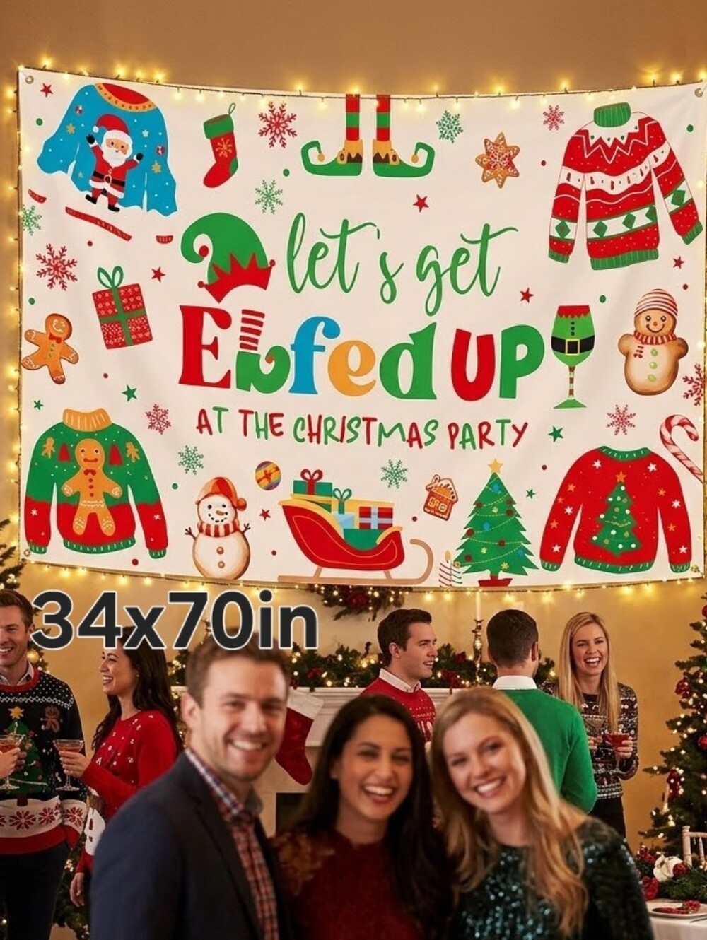 Elf Christmas Party Banner 34x70in New